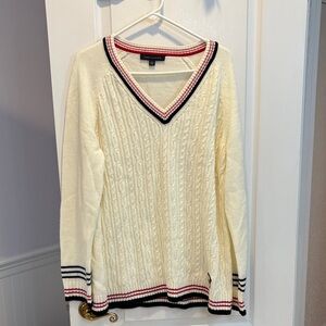 Tommy Hilfiger Cream V-Neck Sweater with Red and Black Accents